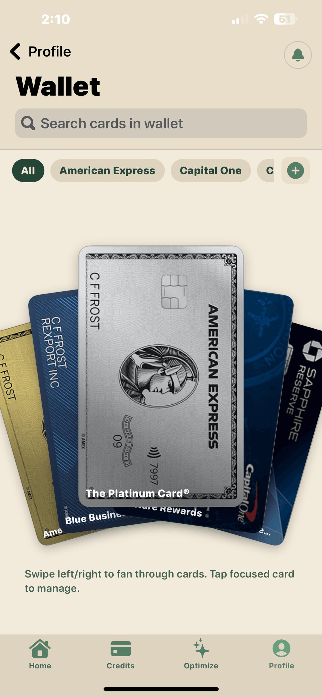 Centivize wallet screen with premium credit cards